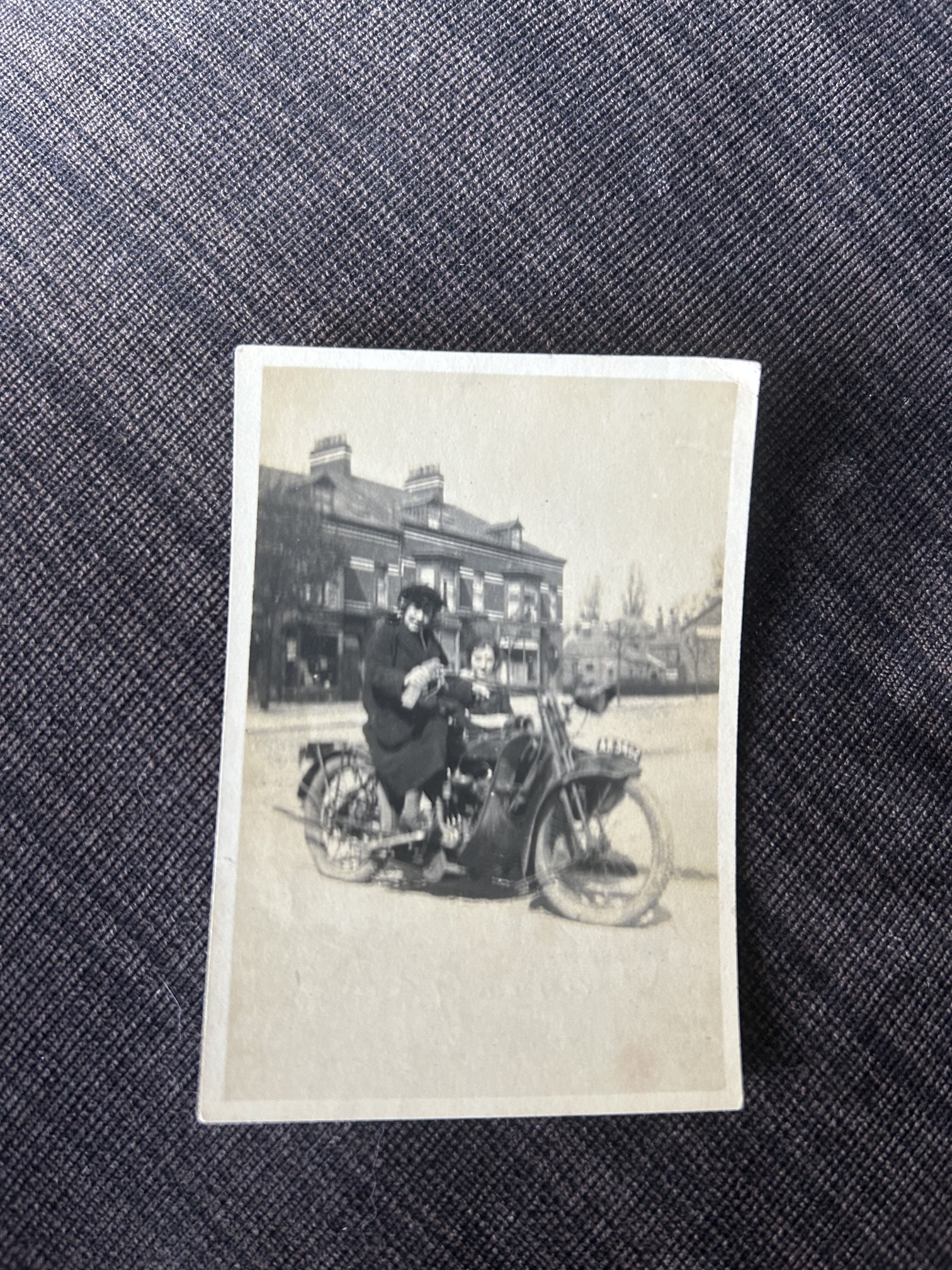 Hannah Goalby, David Cook's great-grandmother, on an early motorcycle with a child
